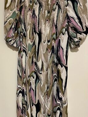 Abstract Swirl Puff-Sleeve Midi Dress in Pastel & Neutrals